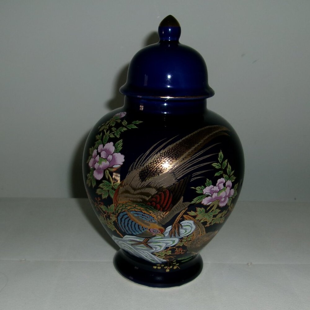 Vintage Heritage Mint Japan Cobalt Blue Vase PEACOCK & FLOWERS